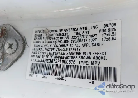 2009 Honda Cr-V Ex-L z USA, uszkodzony, nr VIN 5J6RE38759L000576